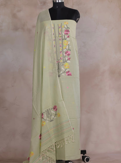 Pastel Green Handwoven Jamdhani weaving pure Malai cotton 2 piece suit sets | Looms & Tassels