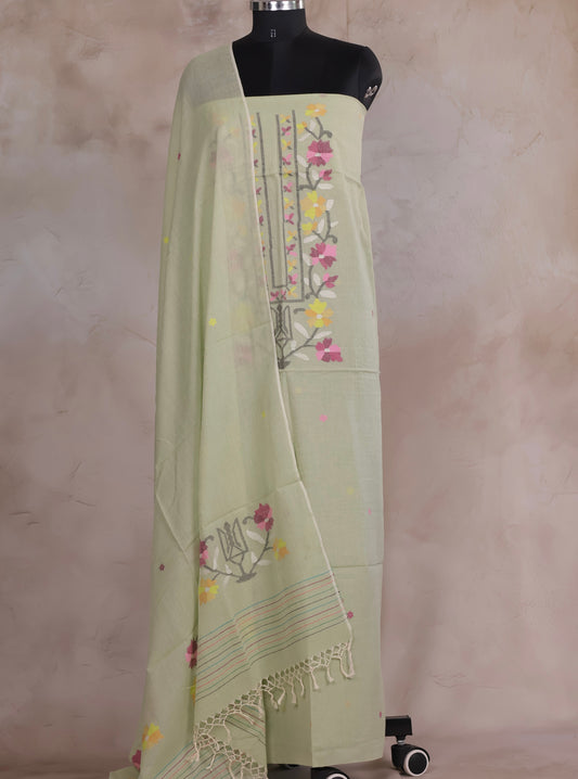 Pastel Green Handwoven Jamdhani weaving pure Malai cotton 2 piece suit sets | Looms & Tassels