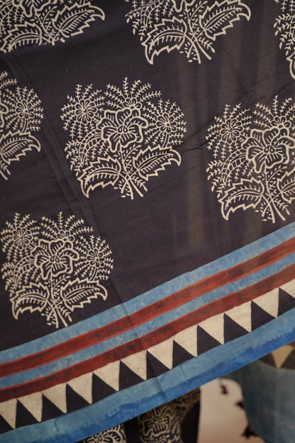 Black Ajrakh Hand Block Printed Cotton Saree | Looms & Tassels