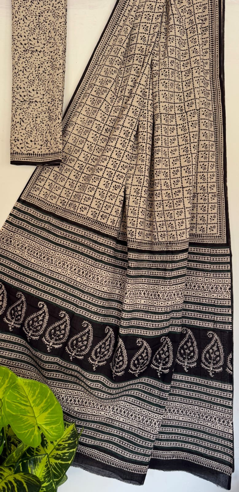 Cream Bagru Handblock printed MulMul cotton saree