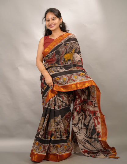 Black Kanchi border Kalamkari chennur silk saree | Looms & Tassels