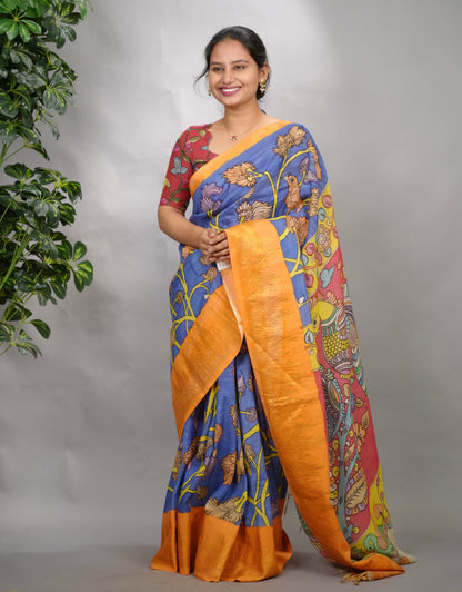 Blue Hand Drawn Pen Kalamkari Bangalore Silk Kanchi Border Saree | Looms & Tassels