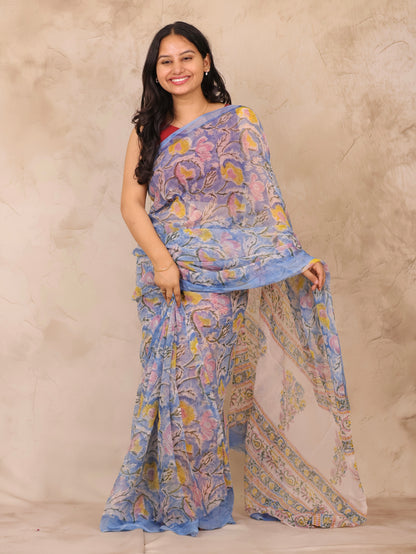 Blue Chiffon Hand Block Printed Saree | Looms & Tassels
