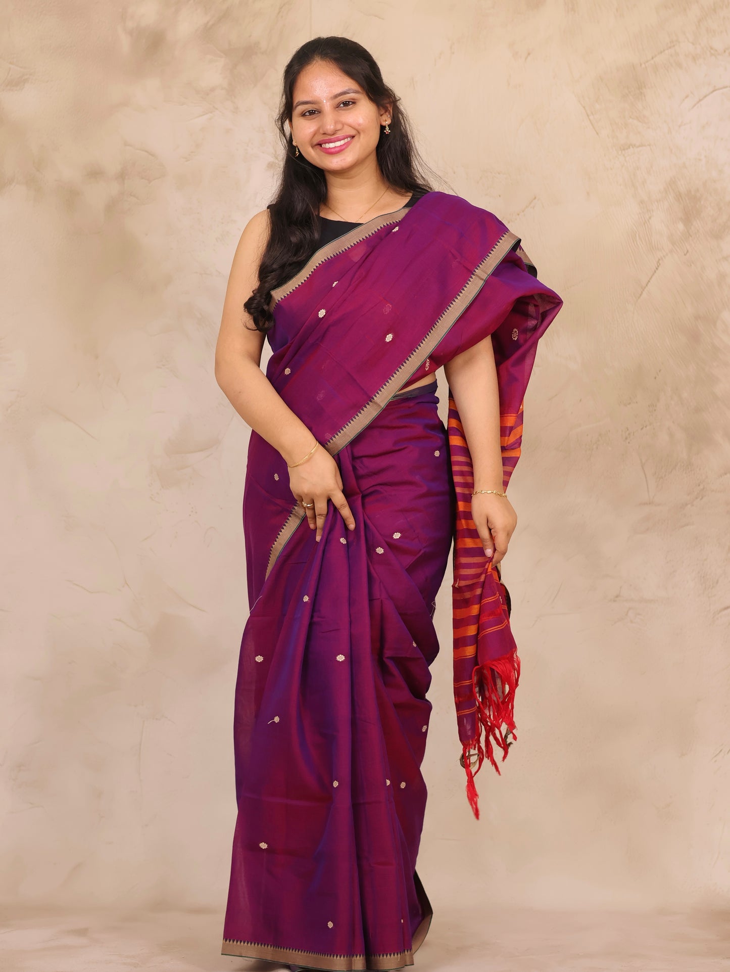 Purple Narayanpet Cotton Saree With Butta Weaving | Looms & Tassels