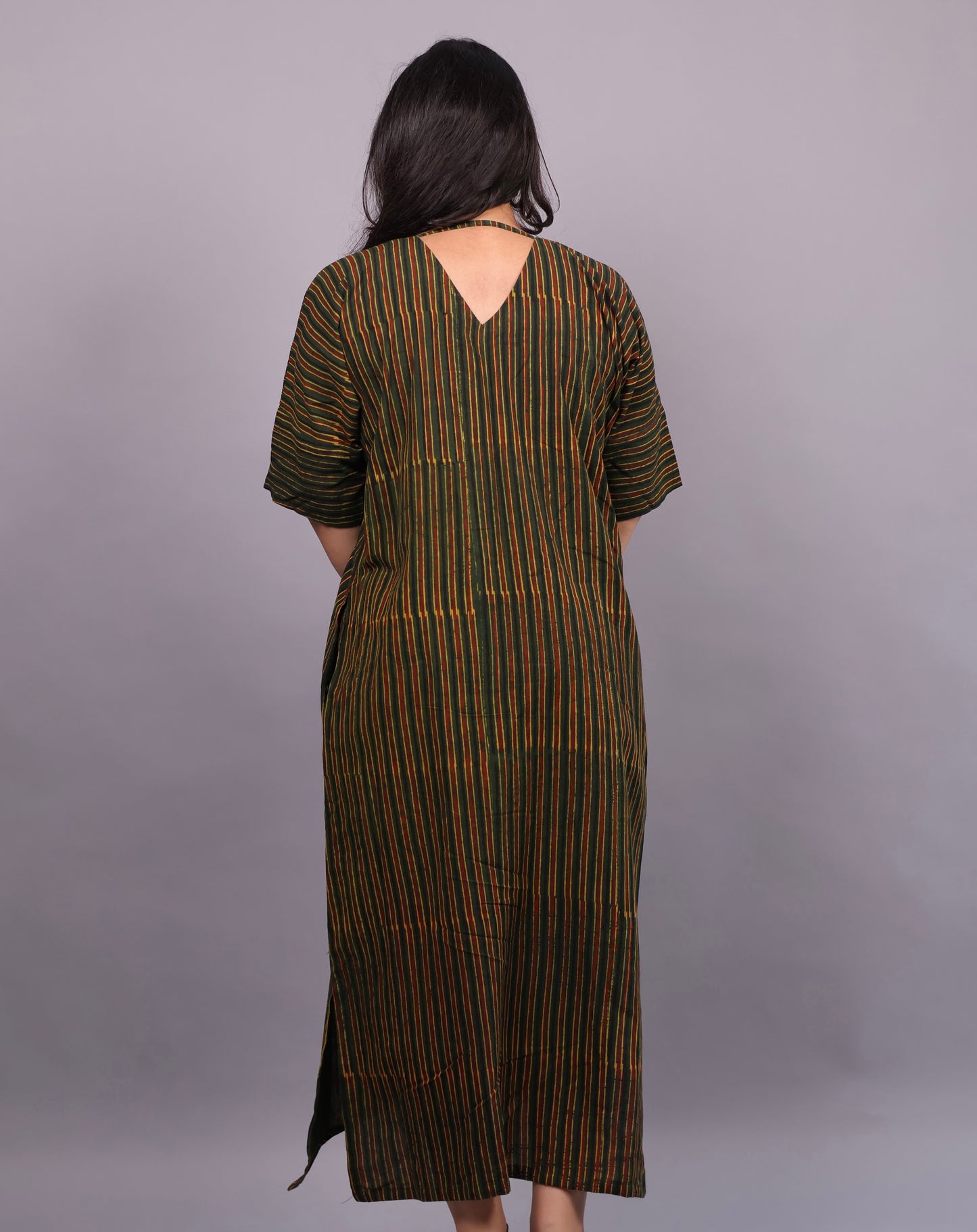 Green Ajrakh Handblock Printed Cotton Kaftan – Elegant & Breathable Ethnic Wear | Looms & Tassels