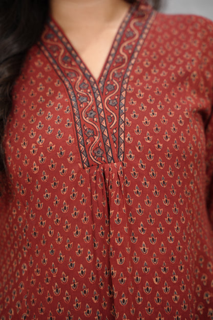 Rust Maroon Butti Ajrakh Cotton Kali Kurta | Looms & Tassels