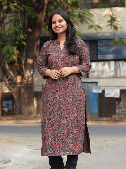 Collar Neck Ajrakh Hand Block Printed Kurti | Looms & Tassels