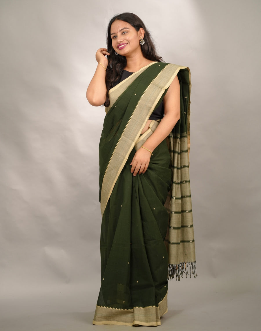 Bottle Green Handloom Venkatagiri Cotton Saree Without Blouse | Looms & Tassels