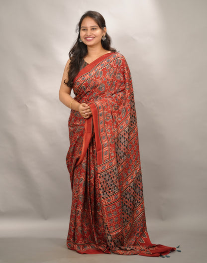 Red Authentic Ajrakh Handblock Printed Modal Silk Saree | Looms & Tassels