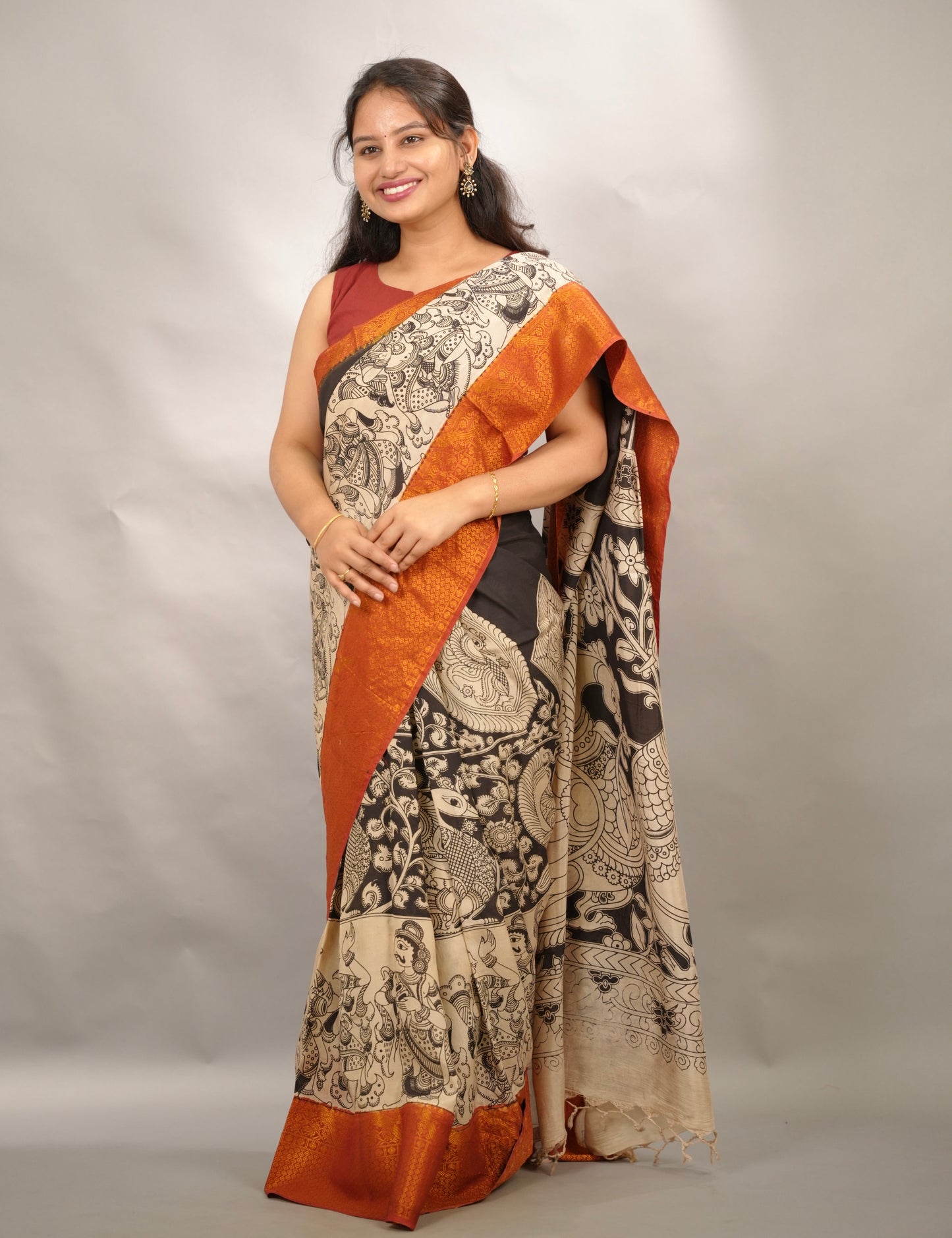 Black Story Telling Kanchi border Kalamkari chennur silk saree