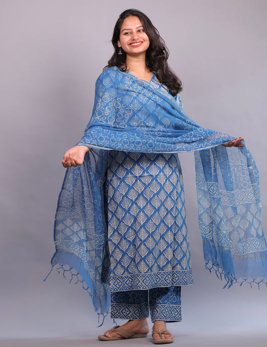 Blue Handblock printed Pure Mul Cotton with Mul Cotton Duppata 3 piece suit (stitched)