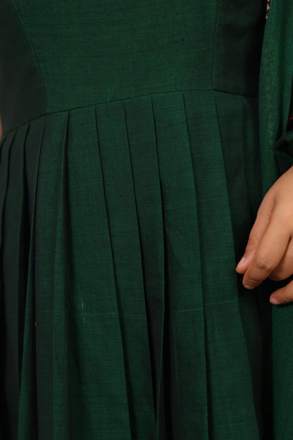 Green Narayanpet Cotton Anarkali Dress with Narayanpet Dupatta | Looms & Tassels