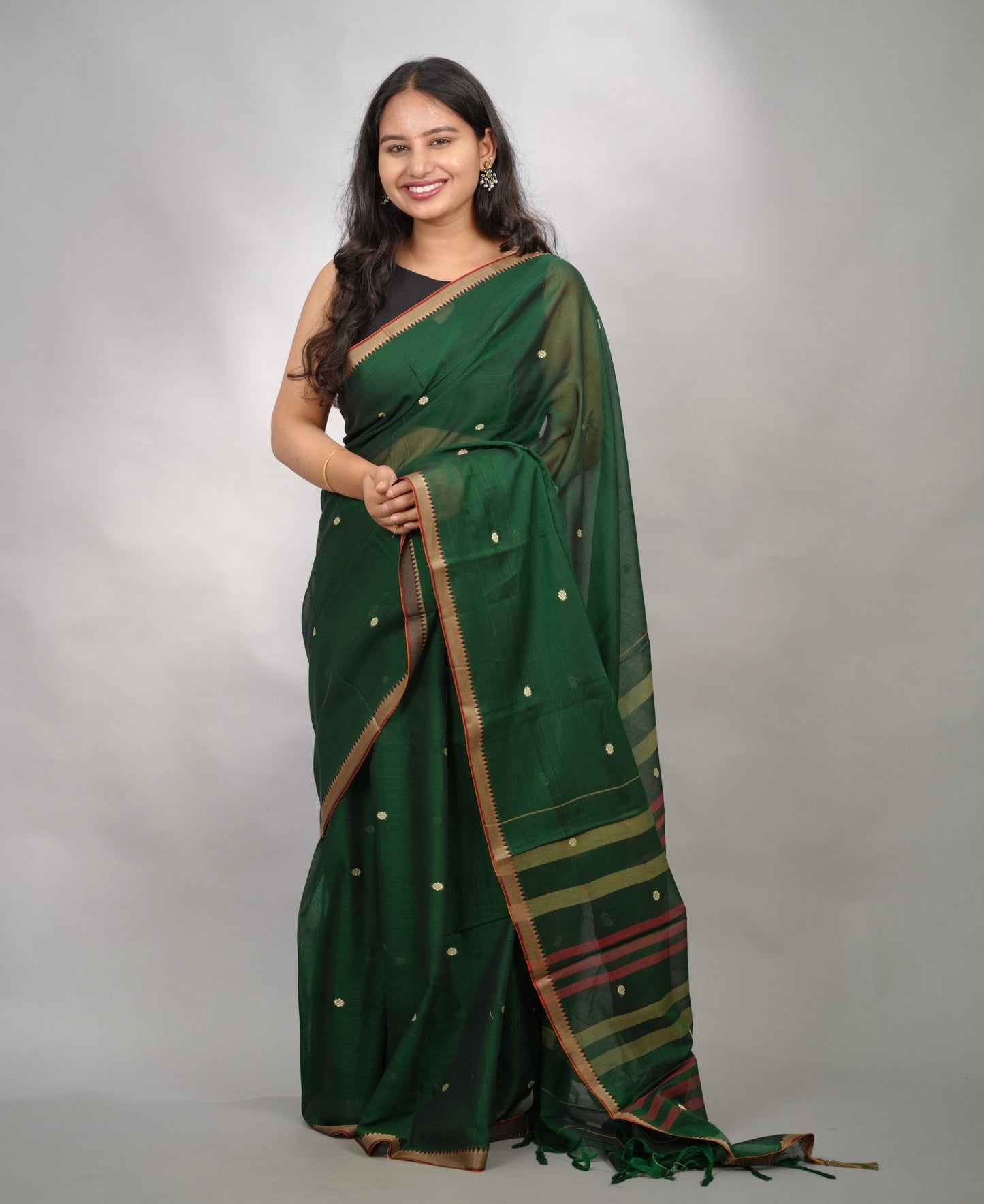 Green Narayanpet Cotton Saree With Butta Weaving | Looms & Tassels