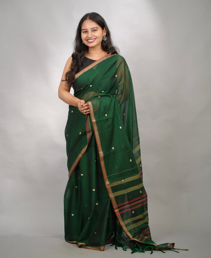 Green Narayanpet Cotton Saree With Butta Weaving | Looms & Tassels