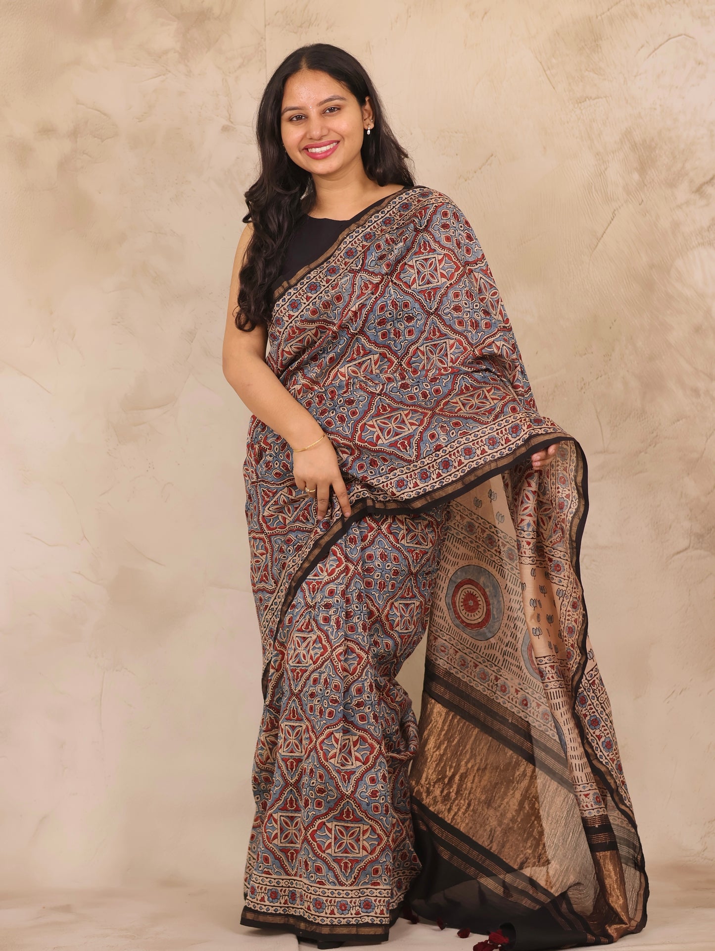 Maheswari Silk Cotton Ajrakh Handblock Printed Saree | Looms & Tassels