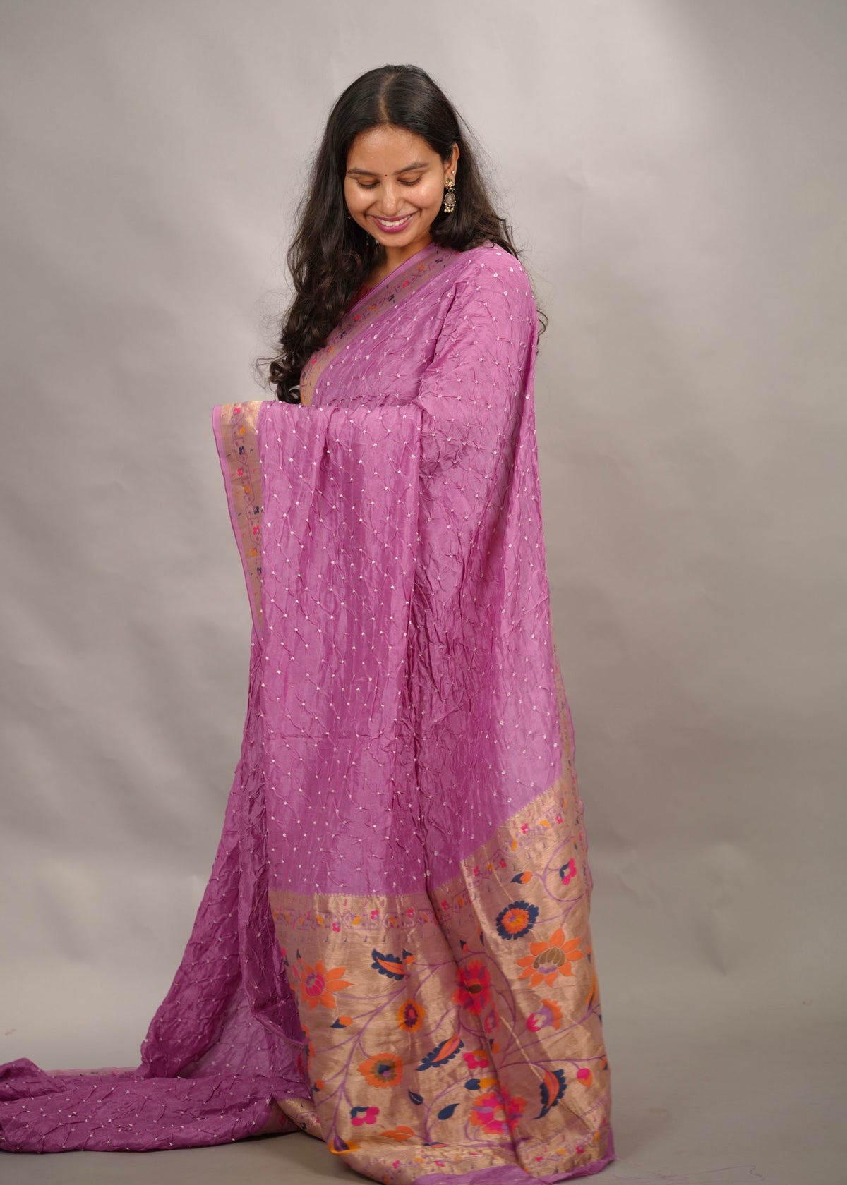 Lilac Handcrafted Bandhani Paithani Dola Silk Saree | Looms & Tassels