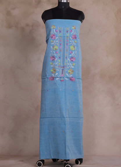 Powder Blue Handwoven Jamdhani weaving pure Malai cotton 2 piece suit sets | Looms & Tassels