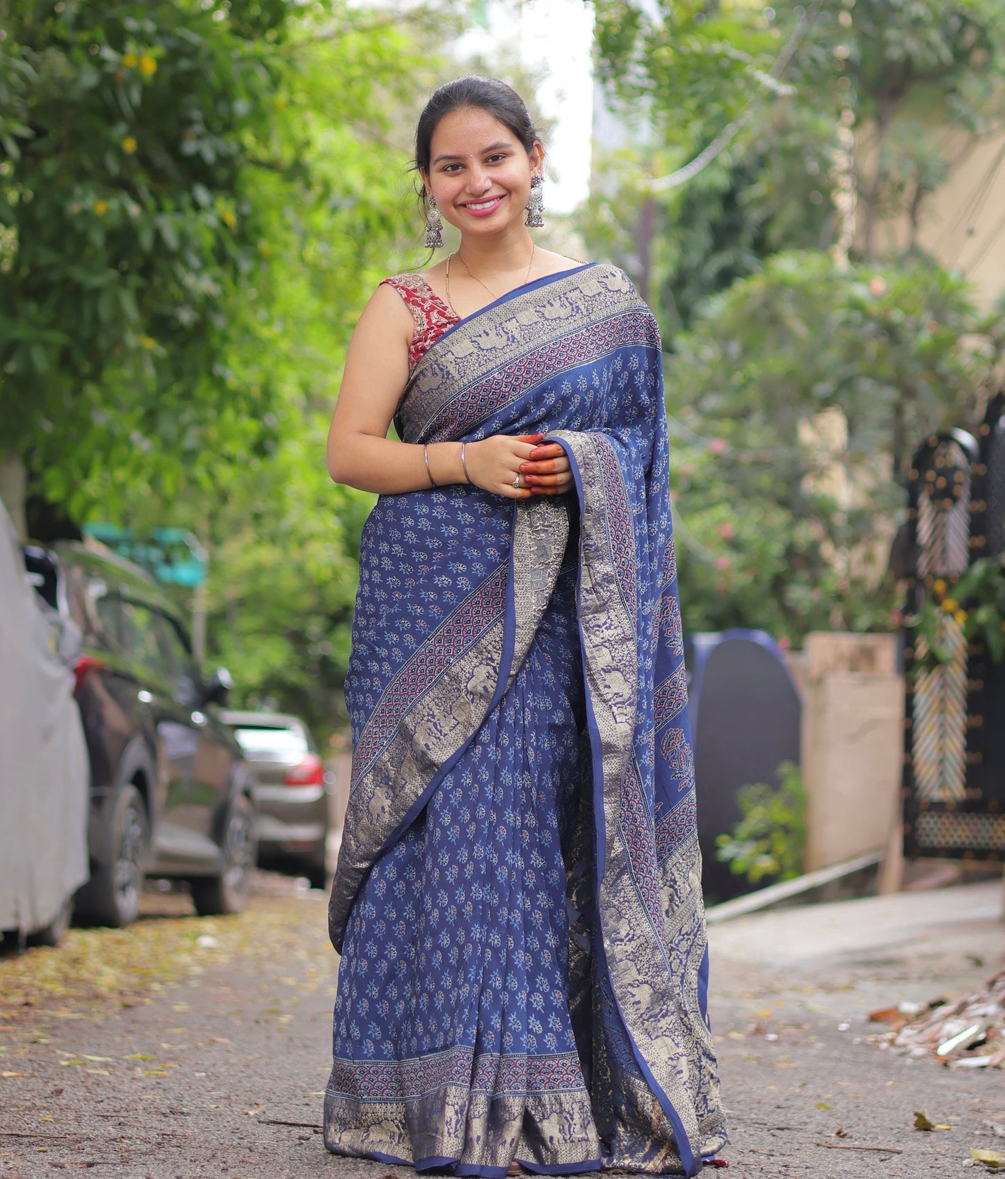 Blue Ajrakh Dola Silk Saree