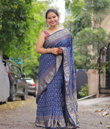 Blue Ajrakh Dola Silk Saree