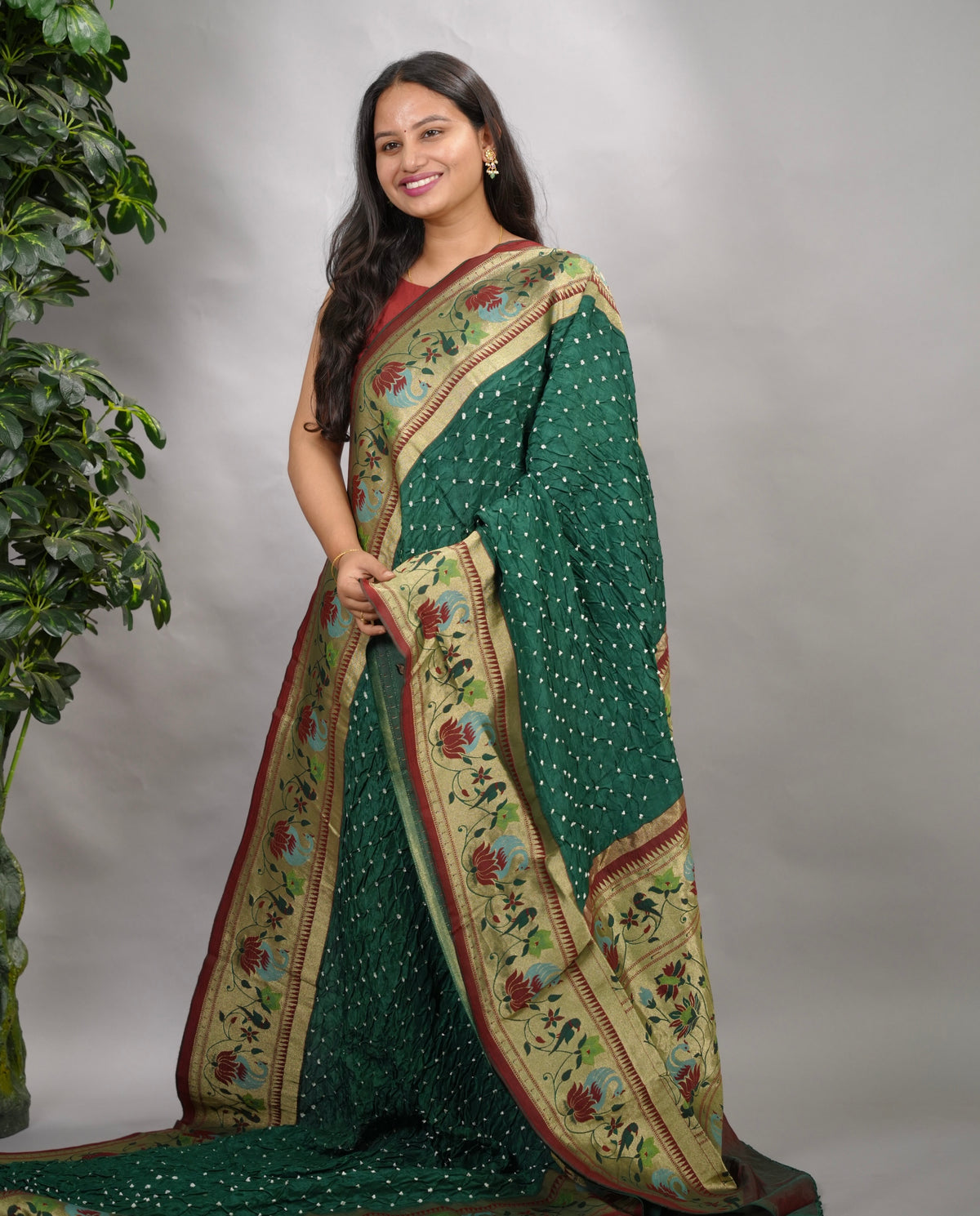 Green Handcrafted Bandhani Paithani Dola Silk Saree | Looms & Tassels