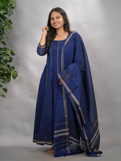 Blue Narayanpet Cotton Anarkali Dress with Narayanpet Dupatta | Looms & Tassels