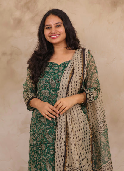 Green Handblock printed kota 3 piece suit (stitched)
