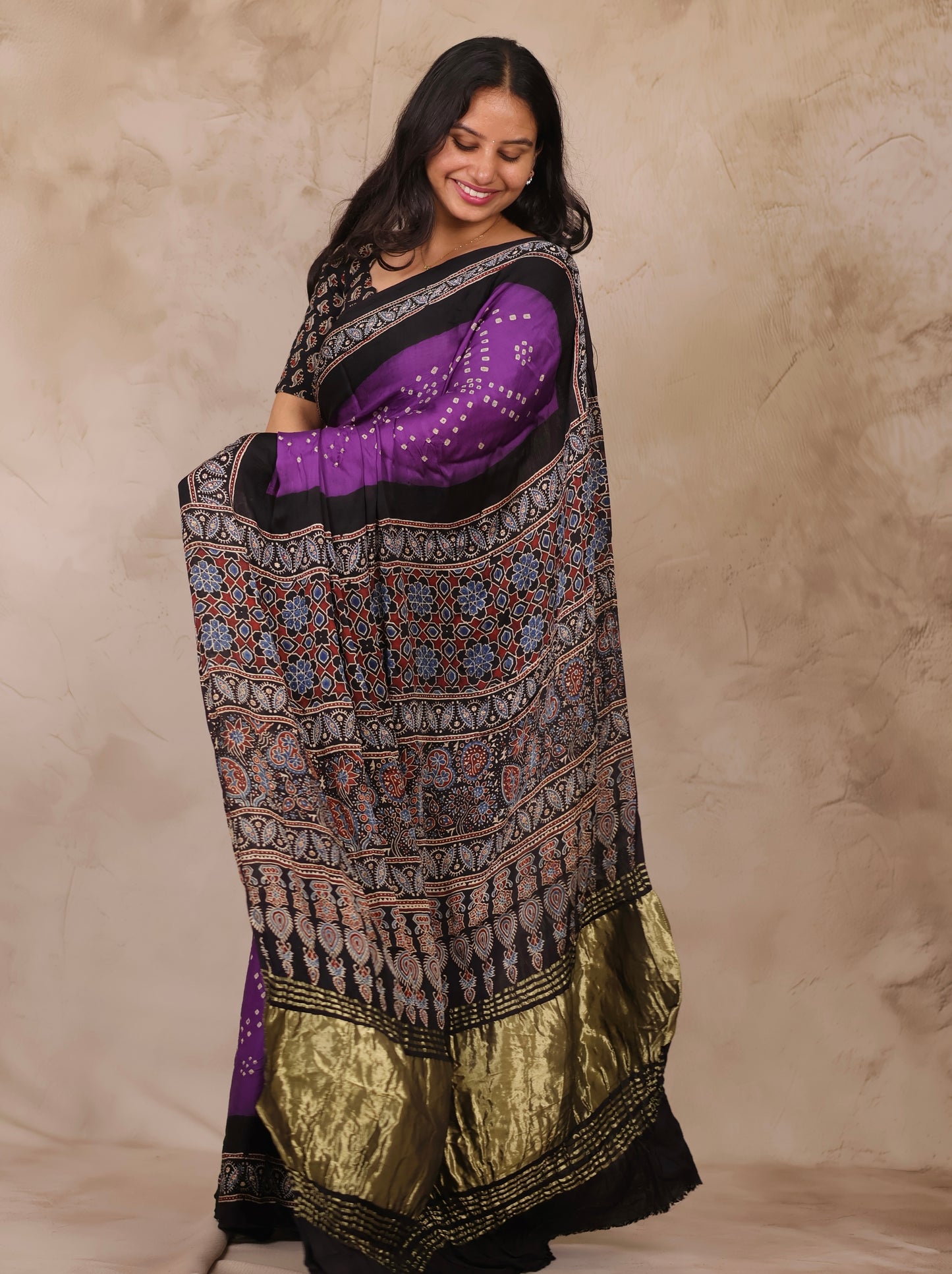 Violet Hand Knotted Bandhej Arakh Modal Silk Saree with Lagdi Pallu | Looms & Tassels