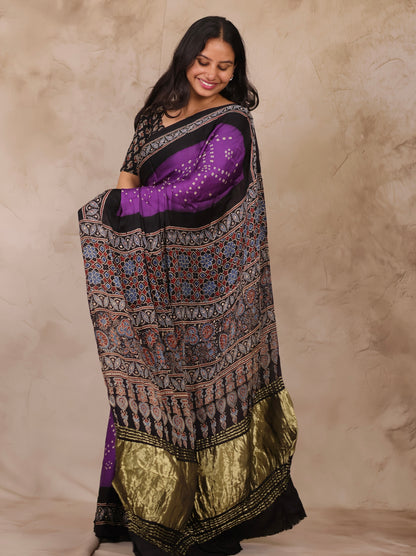 Violet Hand Knotted Bandhej Arakh Modal Silk Saree with Lagdi Pallu | Looms & Tassels
