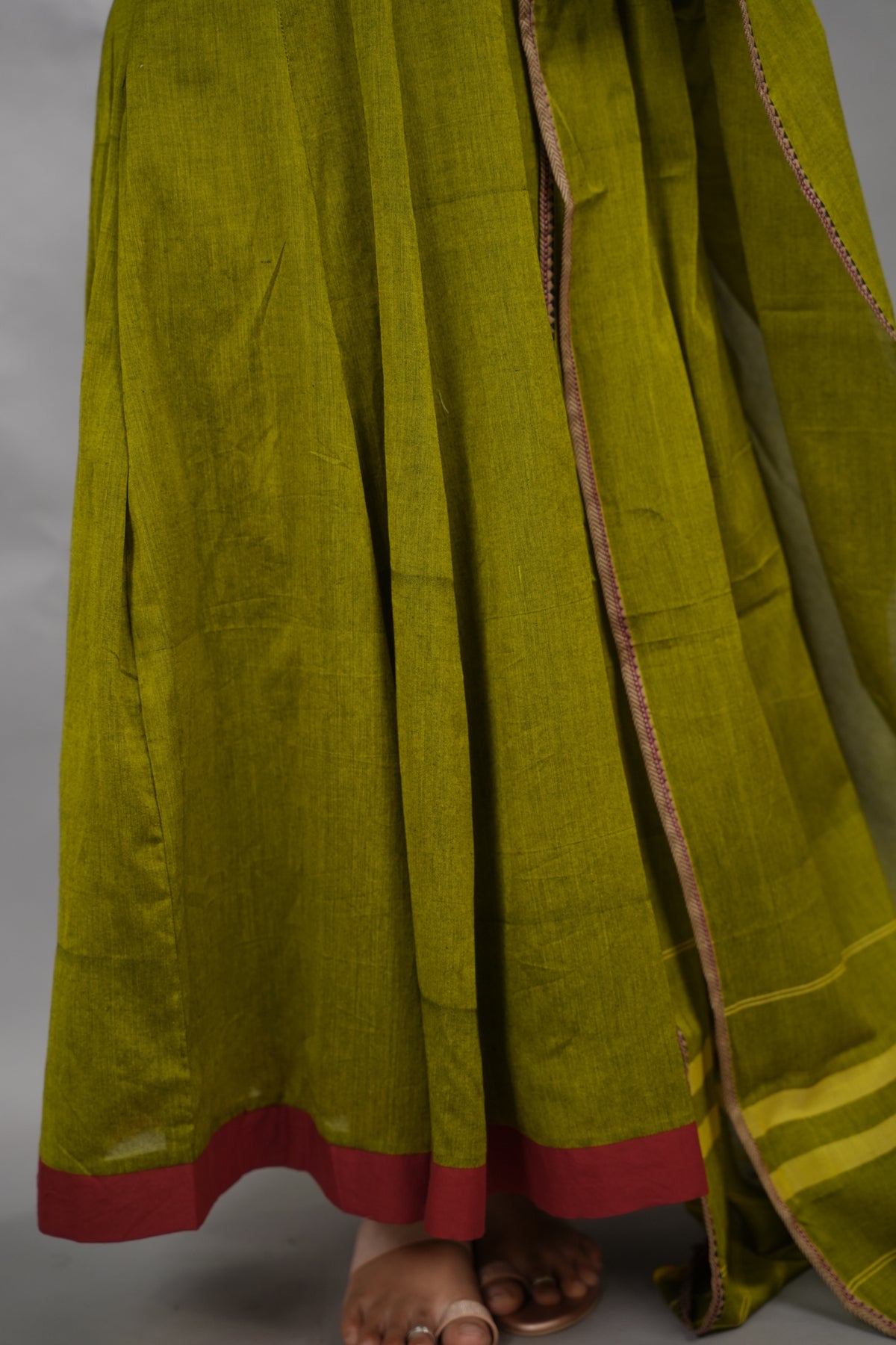 Green Ajrakh Patch Work Narayanpet Cotton Anarkali Dress with Narayanpet Dupatta | Looms & Tassels