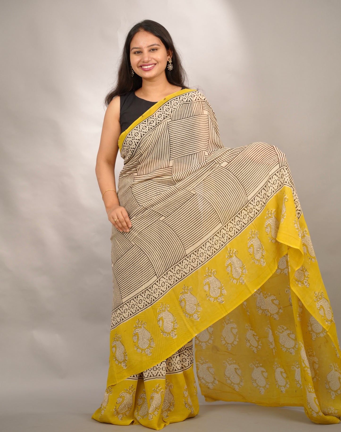Cream & Yellow Georgette Hand Block Printed Saree| Looms & Tassels