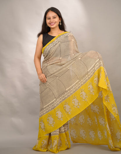 Cream & Yellow Georgette Hand Block Printed Saree| Looms & Tassels