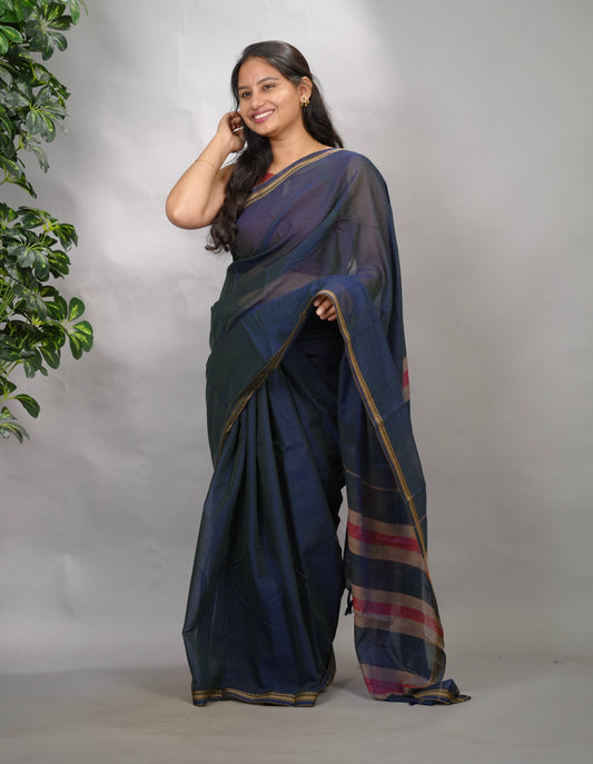 Deep Navy Blue Narayanpet Cotton Saree | Looms & Tassels
