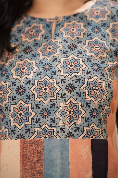Contemporary Ajrakh Pattern Hand Block printed Kurti | Looms & Tassels