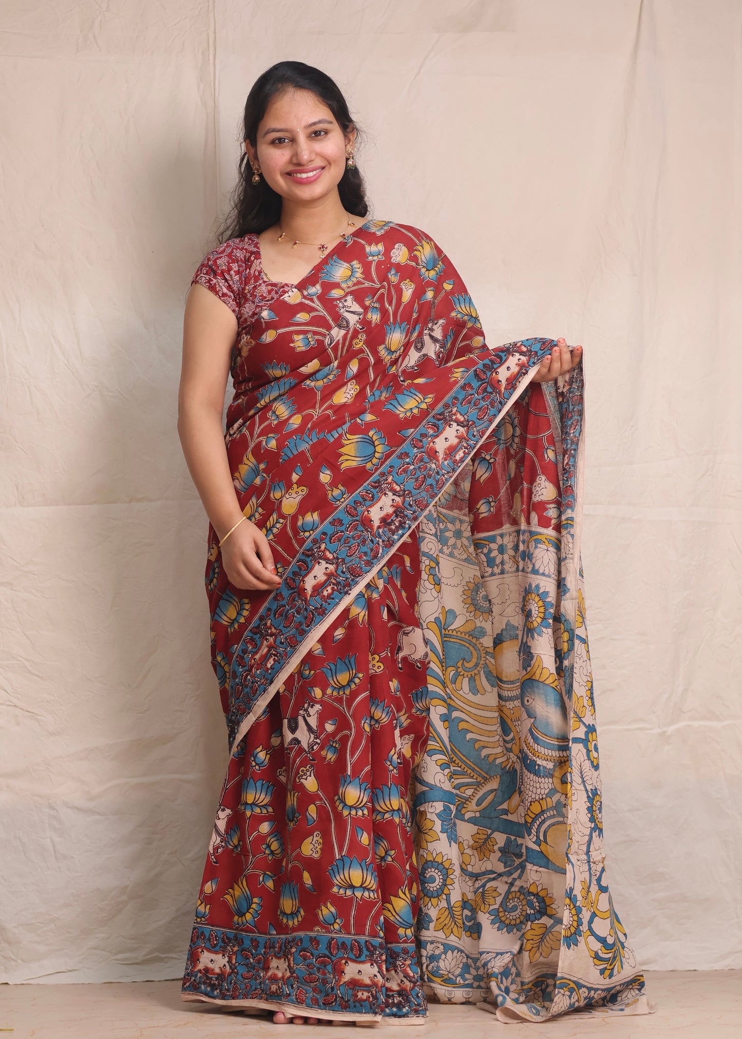 Red Pichwai Kalamkari Cotton Saree