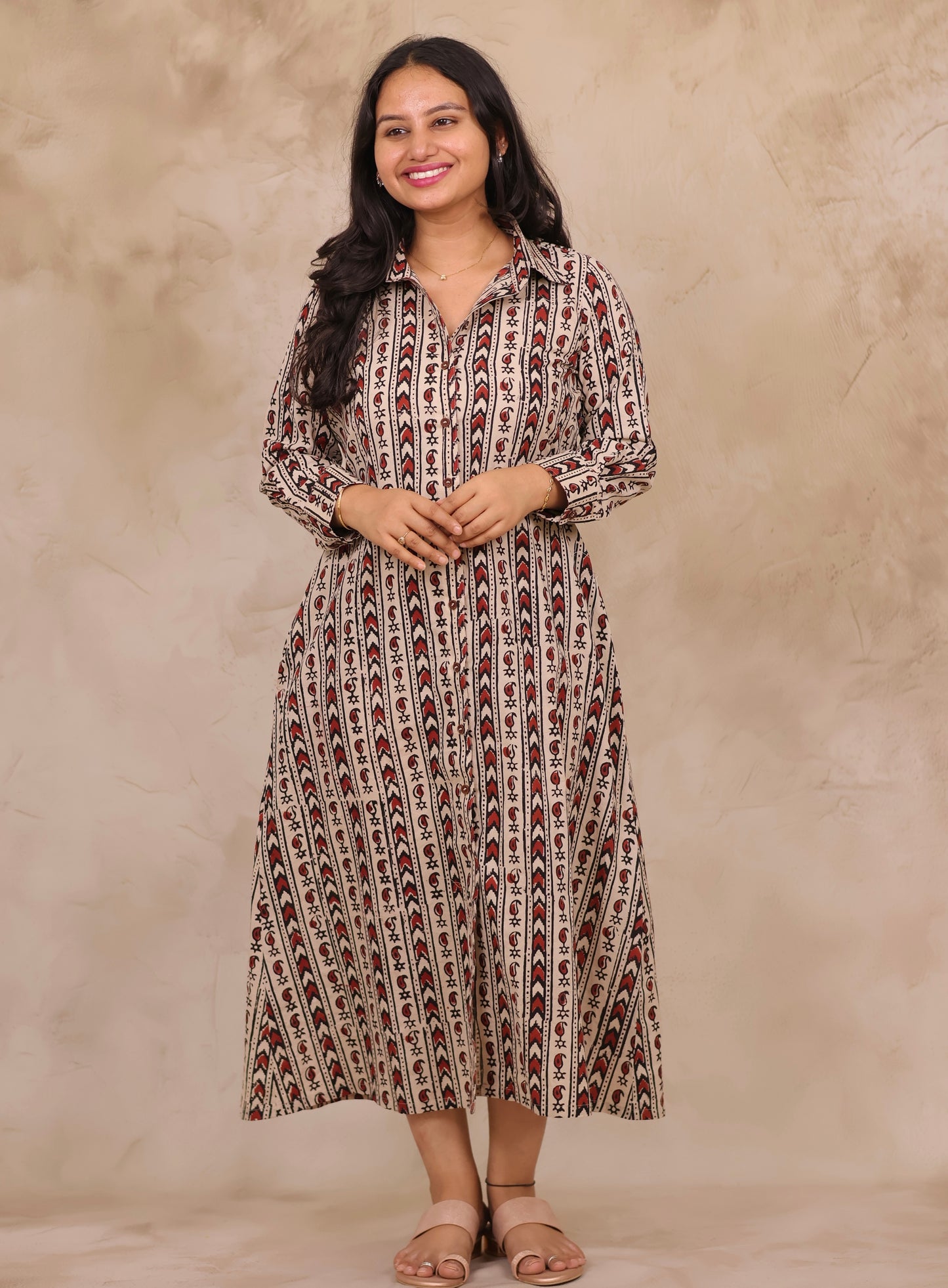 Cream Hand Block Printed Pure Mul Cotton A-Line Shirt Dress | Looms & Tassels