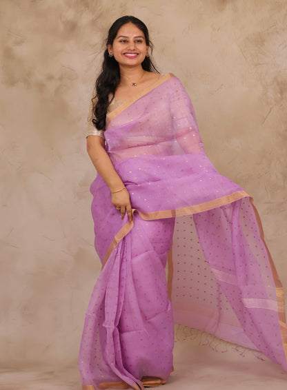 Pastel Lavender Handwoven Muslin Silk Saree With Sequence Work | Looms & Tassels
