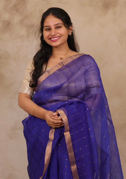 Blue Handwoven Muslin Silk Saree With Sequence Work | Looms & Tassels