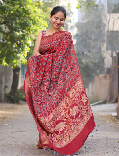 Red Ajrakh Dola Silk Saree