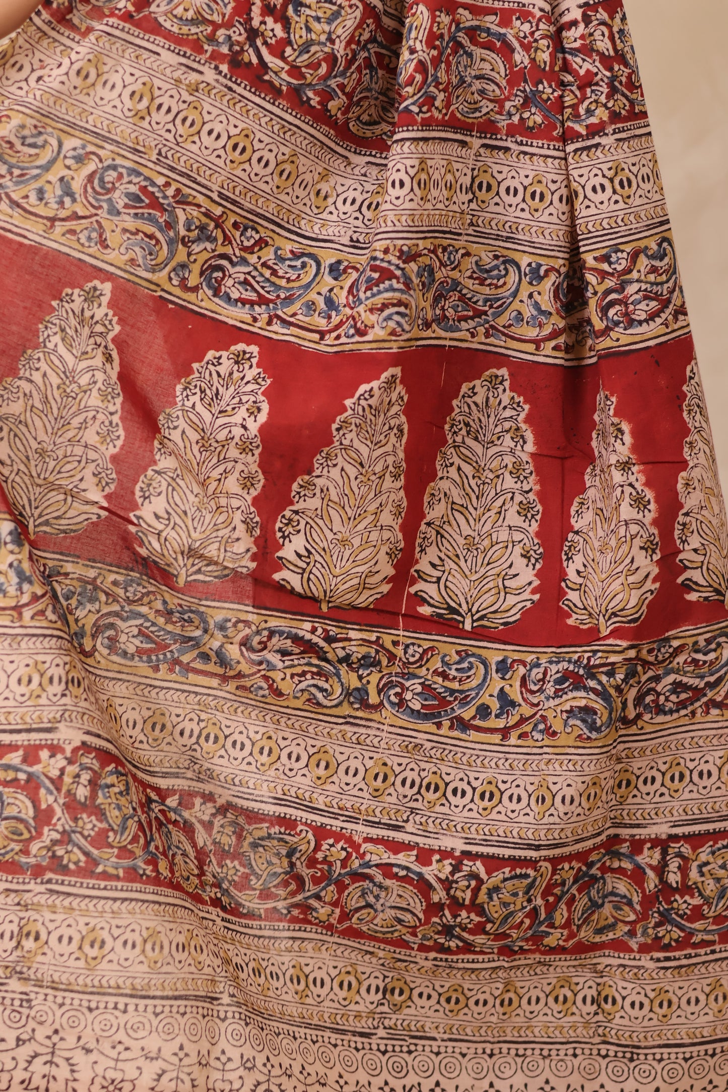 Cream Hand Block Printed Kalamkari Cotton Saree | Looms & Tassels