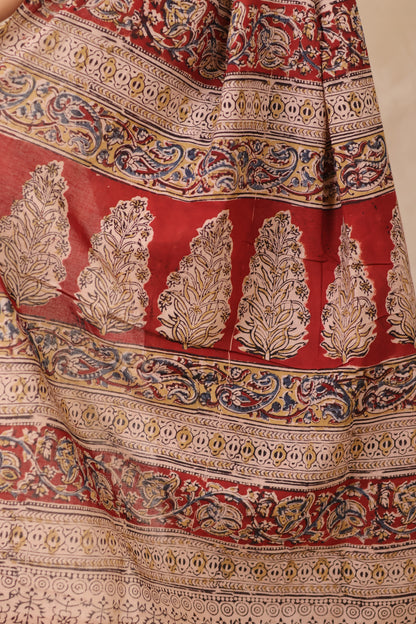 Cream Hand Block Printed Kalamkari Cotton Saree | Looms & Tassels