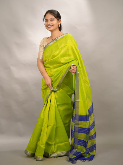 Parrot Green & Blue Handloom Mangalagiri Silk Saree| Looms & Tassels