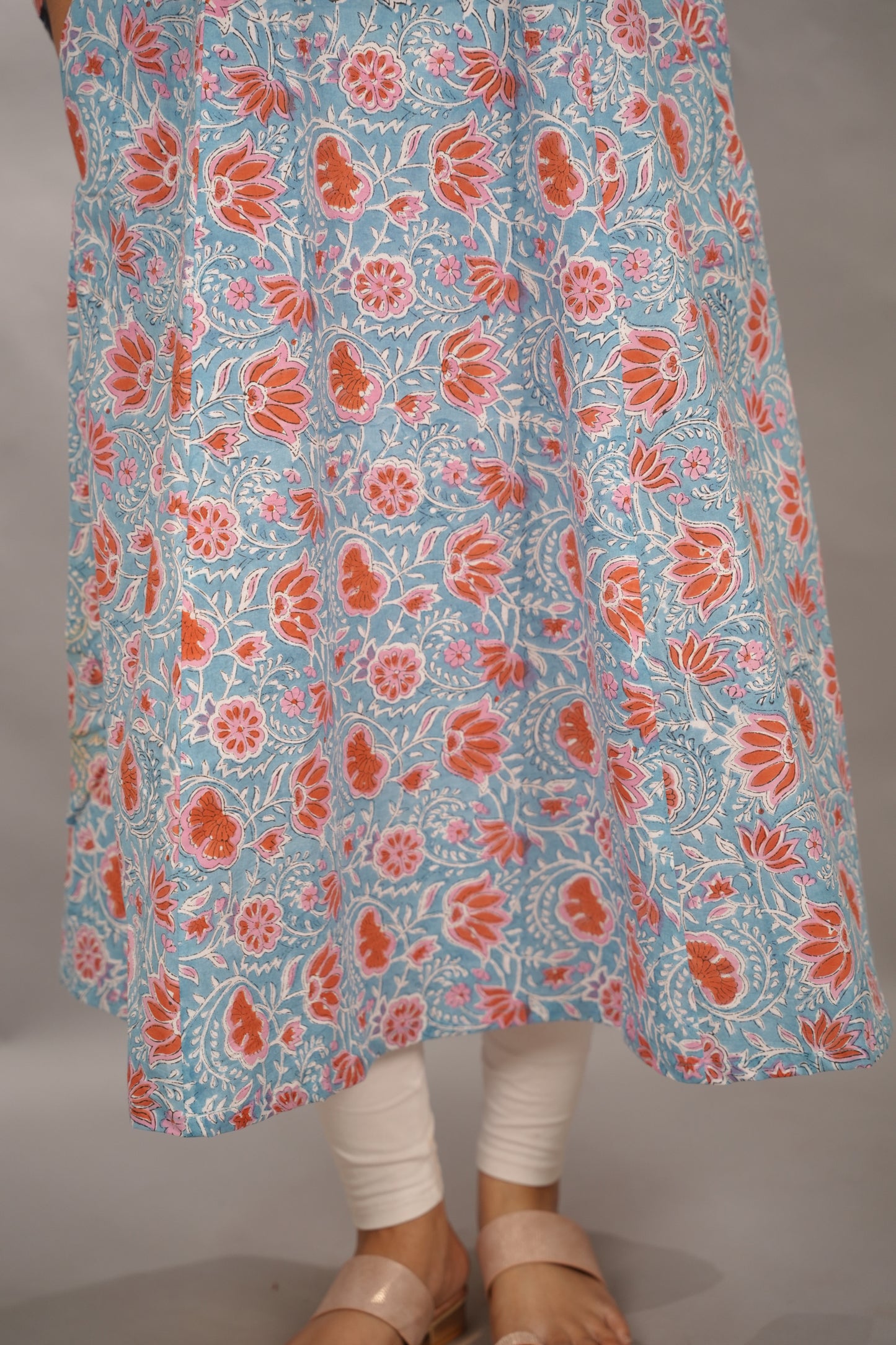 Ice Blue Pure Mul Cotton Kali Kurta  | Looms & Tassels