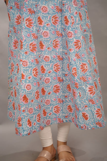 Ice Blue Pure Mul Cotton Kali Kurta  | Looms & Tassels