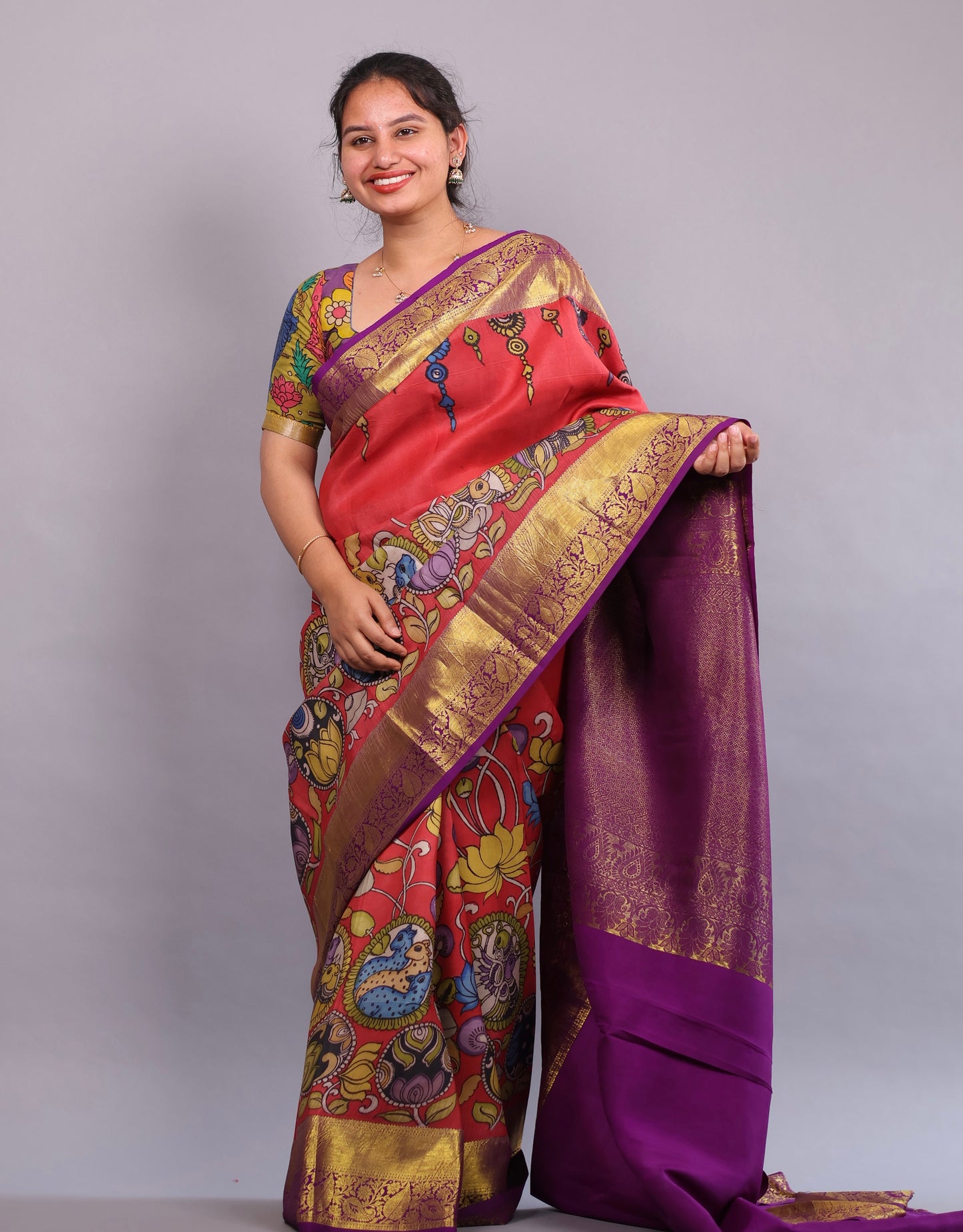 Kanchi Pattu Hand Painted Pen Kalamkari Saree
