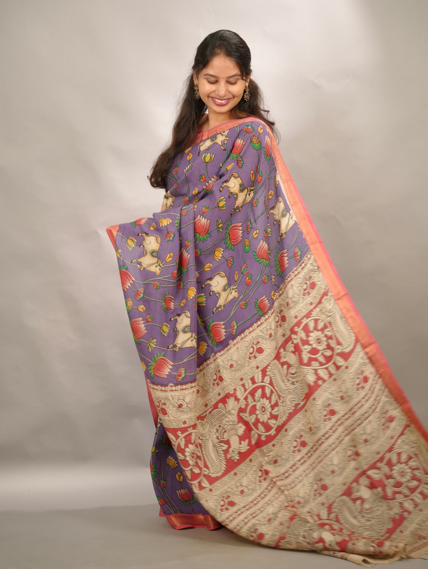 Lavender Kalamkari Nizam Border Chennur Silk Saree | Looms & Tassels
