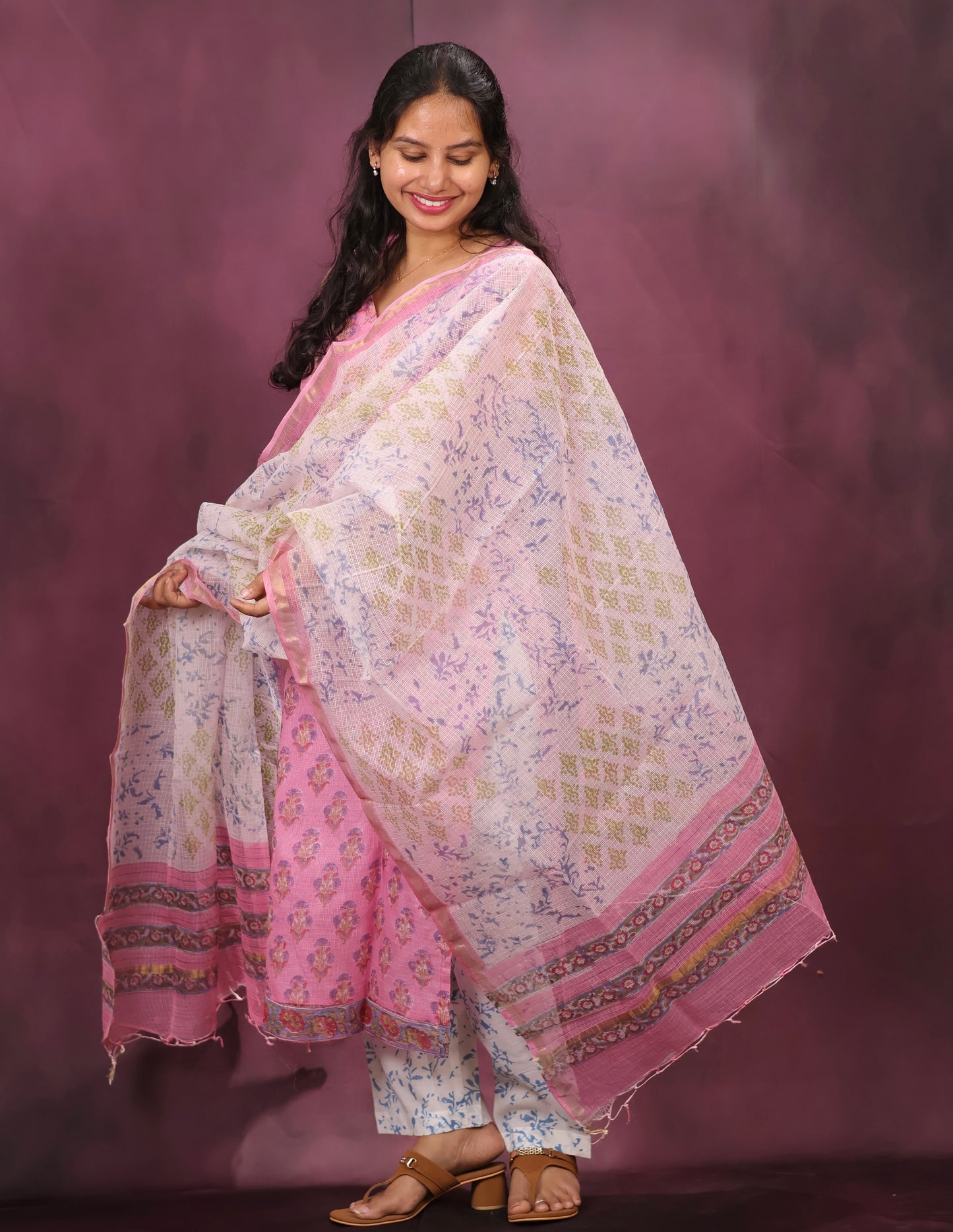 Pink Handblock printed kota 3 piece suit (stitched)