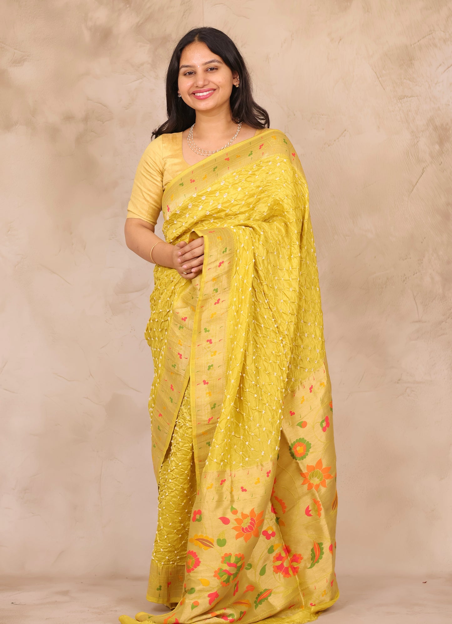 Lemon Yellow Handcrafted Bandhani Paithani Dola Silk Saree | Looms & Tassels