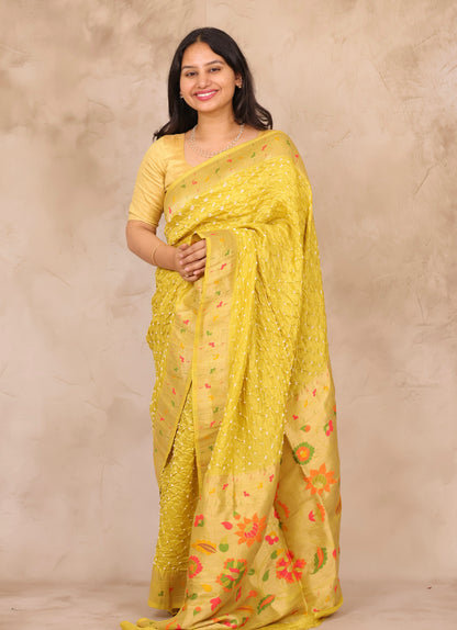 Lemon Yellow Handcrafted Bandhani Paithani Dola Silk Saree | Looms & Tassels