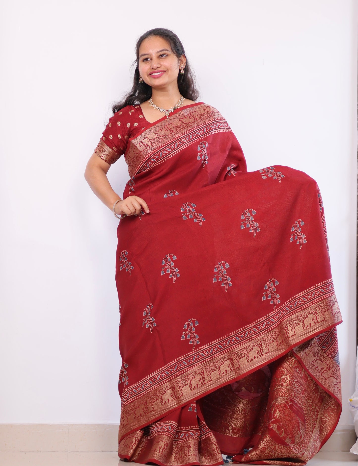 Red Ajrakh Dola Silk Saree