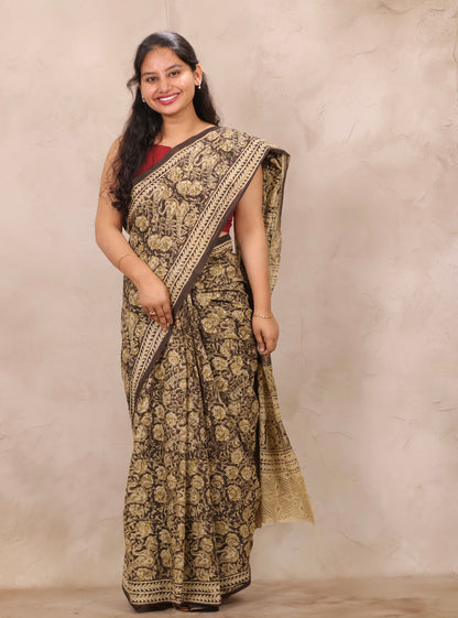 Black Hand Block Printed Kalamkari Cotton Saree | Looms & Tassels